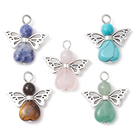10 piezas 5 colgantes de ángel con gemas de colores, Amatista natural, roca de lava, cuarzo rosa, aventurina verde y cornalina, Ángel guardián con alas de aleación, plata antigua, mezclado teñido y sin teñir