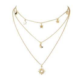 Brass 3 Layer Necklaces for Women, Stainless Steel Star & Moon & Sun Pendants Necklaces