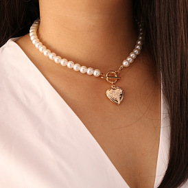 Vintage Pearl Heart Necklace for Women - Fashionable Lock Collar Chain N663
