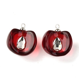 Resin Pendants with Glass Kernel and Stainless Steel Top Ring, Imitation Fruit, Cherry
