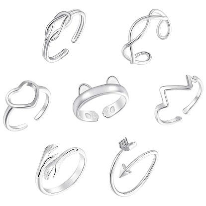 7 piezas 7 estilo corazón y gato y ola y flecha y abrazo mano y nudo anillos abiertos de latón para mujer