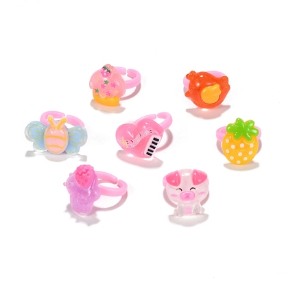 Cute Children's Day Jewelry Plastic Kids Rings for Girls, with Mixed Style Resin Cabochons, 41mm, 100pcs/box