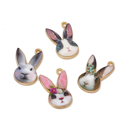 Rack Plating Alloy Enamel Pendants, Light Gold, Rabbit Head Charm