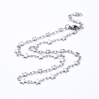 304 Stainless Steel Star Link Chain Necklaces, with Lobster Claw Clasps