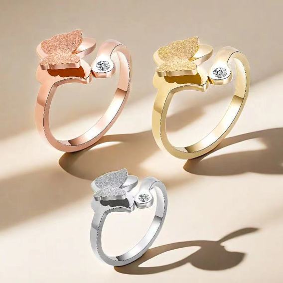 Простые кольца из нержавеющей стали со стразами, бабочка