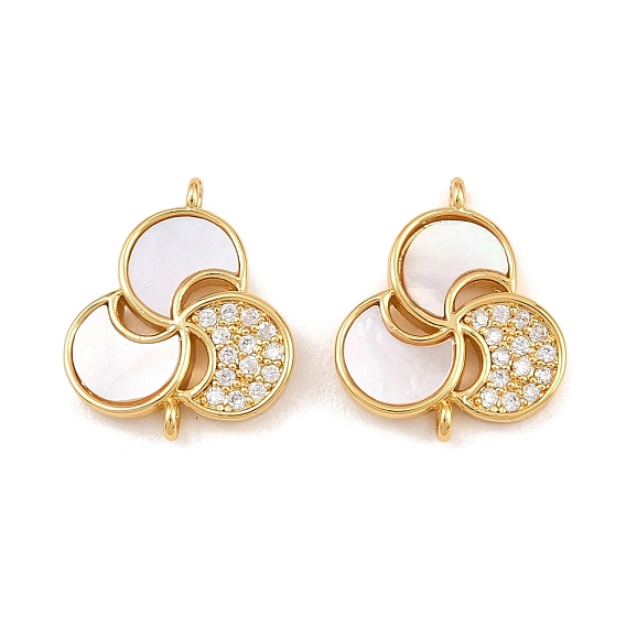 Подвески-соединители в виде цветков из натуральной белой ракушки, с латунными микропаве прозрачных кубических цирконий