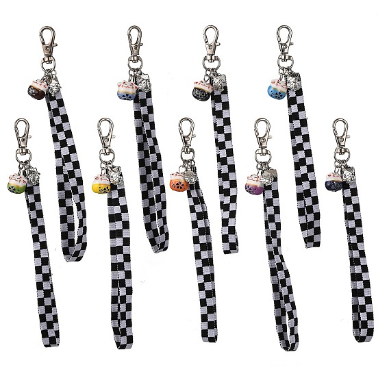 Фарфоровый кот удачи с клетчатым узором из полиэстеровых лент, подвесные украшения, с поворотной застежкой из сплава