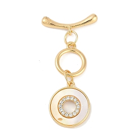 Brass Micro Pave Clear Cubic Zirconia Toggle Clasps, with Shell, Flat Round