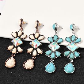 Серьги-гвоздики из сплава синтетической бирюзы, со стеклом, ромб со слезой