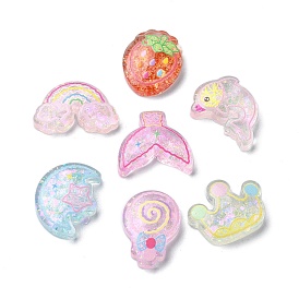 Fishtail/Fish/Moon/Rainbow/Crown/Lollipop/Strawberry Transparent Epoxy Resin Decoden Cabochons, with Paillettes