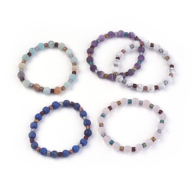 Stretch Bracelets, Frosted, with Gemstone Beads and Electroplate Non-magnetic Synthetic Hematite Beads