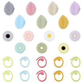 Колпачки для игл из пищевого экологически чистого силикона «Маргаритка и лист», с кольцами-маркерами для вязания из окрашенного цинкового сплава, вязание крючком клипсы