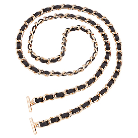 Black Imitation Leather Bag Handles, with Alloy Cable Chain & T-Bar Clasps, for Bag Replacement Accessories, Light Gold