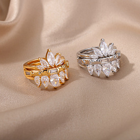 Romantic Double Ring Set with CZ Flower Petal Design for Women - 2 Pieces