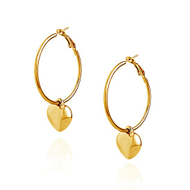 Geometric Round Hoop Earrings with Heart Pendant - Trendy, European and American Style.