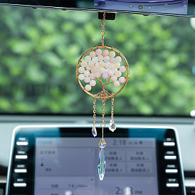 Natural Morgan Jade Tree of Life Pendant Decorations, with Brass Finding and Glass Charm, for Car Rearview Mirror Hanging Ornaments