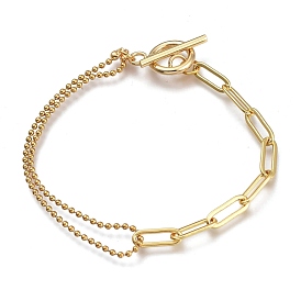 Chain Bracelets, with Brass Paperclip Chains, 304 Stainless Steel Ball Chains & Toggle Clasps