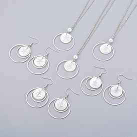 Brass Jewelry Sets, Necklaces and Dangle Earrings, with Shell Beads and Iron Finding, Flat Round