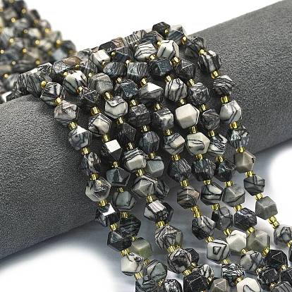 Бусины из натурального черного камня, восьмиугольник, граненые, с бисером