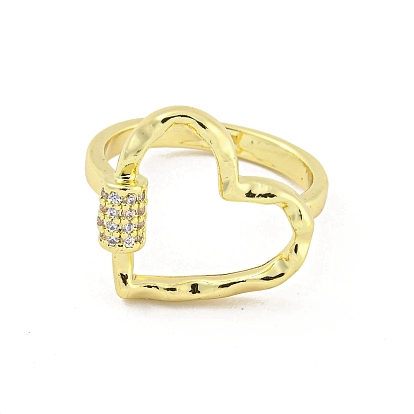 Heart Brass Micro Pave Clear Cubic Zirconia Open Cuff Rings, Long-Lasting Plated