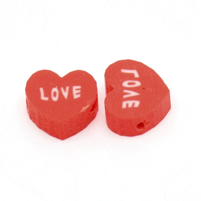 Handmade Polymer Clay Spacer Beads, Heart with LOVE Word