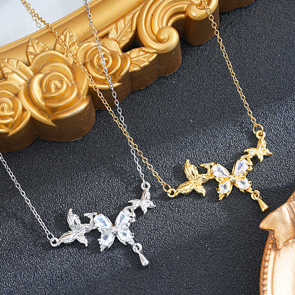 Brass Pave Clear Cubic Zirconia Butterfly Pendant 201 Stainless Steel Cable Chain Necklaces for Women, Ion Plating(IP)