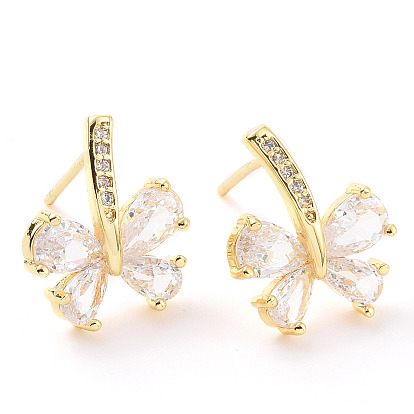 Clear Cubic Zirconia Butterfly Stud Earrings, Brass Jewelry for Women