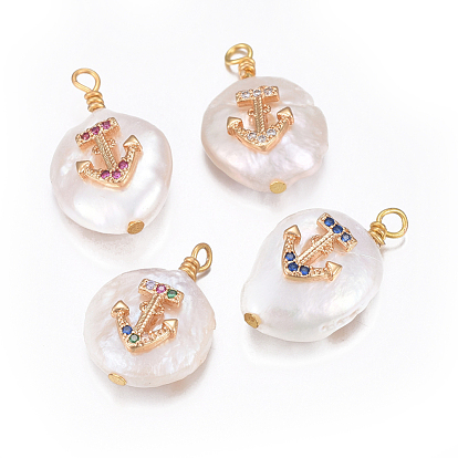 Natürliche kultivierte Süßwasserperlenanhänger, mit Messing micro pave Zirkonia Zubehör, Nuggets mit Anker, golden