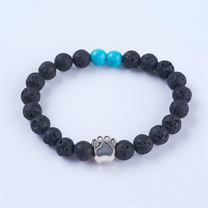 Natural Gemstone Stretch Bracelets, with Alloy Findings, Dog Footprints