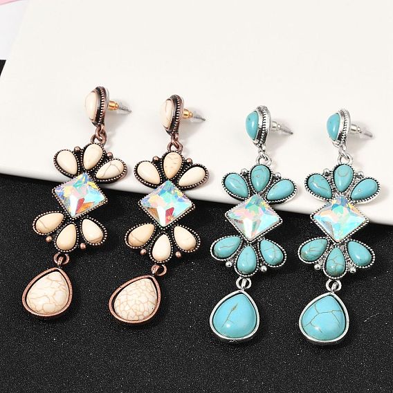 Серьги-гвоздики из сплава синтетической бирюзы, со стеклом, ромб со слезой