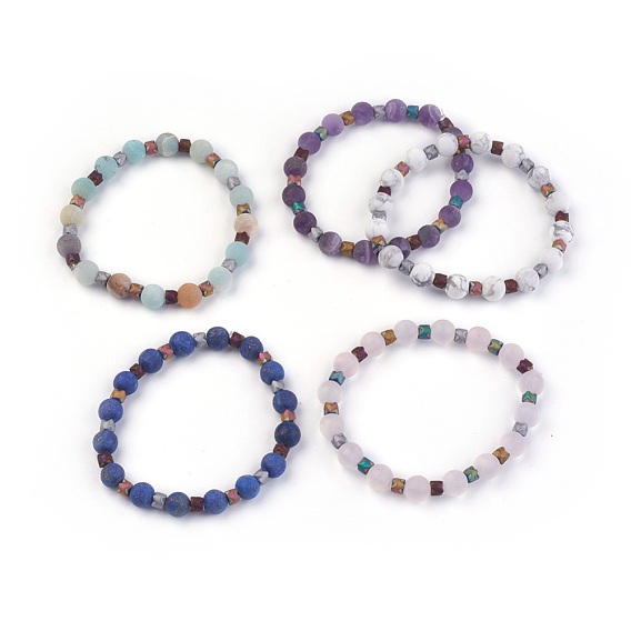 Stretch Bracelets, Frosted, with Gemstone Beads and Electroplate Non-magnetic Synthetic Hematite Beads