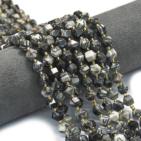 Бусины из натурального черного камня, восьмиугольник, граненые, с бисером