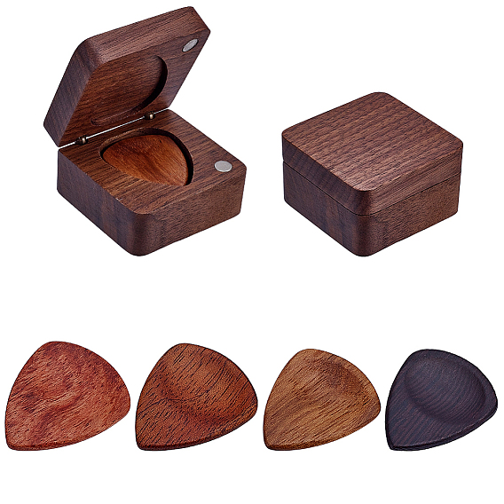 4шт. 4 цвета треугольные деревянные гитарные медиаторы, с 1коробками для хранения гитарных медиаторов из поликарбоната и дерева с магнитами