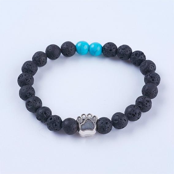 Natural Gemstone Stretch Bracelets, with Alloy Findings, Dog Footprints