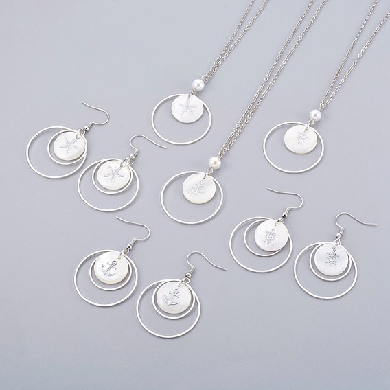 Brass Jewelry Sets, Necklaces and Dangle Earrings, with Shell Beads and Iron Finding, Flat Round