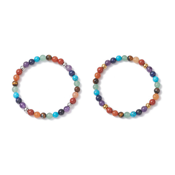 2Pcs Chakra Natural Mixed Gemstone Beads Stretch Bracelets for Women, Round