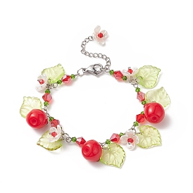 Teacher's Day Theme Resin Apple Charm Bracelets with Acrylic Leaf & Plastic Flower, 304 Stainless Steel & Glass Bead Link Chain Bracelet with Lobster Claw Clasp & Chain Extenders for Women