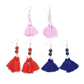 Dangle Earrings, with Cotton Thread Tassels, with Natural Gemstone Beads and Brass Earring Hooks, Golden