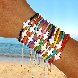 Стеклянные бусины и латунные плетеные браслеты из бисера, белые ракушечные крестообразные регулируемые браслеты