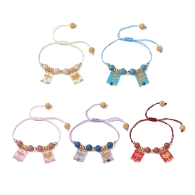 Natural Lava Rock & Gemstone & Glass Seed Beaded Braided Bracelets, Adjustable Heart & Cross Charm Bracelets for Women