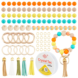 CHGCRAFT DIY Beaded Keychain Wristlet Making Kit, Including Silicone Round & Unfinished Wood Beads, Brass Suede Tassels, Alloy Split Key Rings & Spring Gate Rings, Elastic Thread