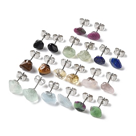 Raw Nuggets Natural Gemstone Stud Earrings, 304 Stainless Steel Earrings for Women