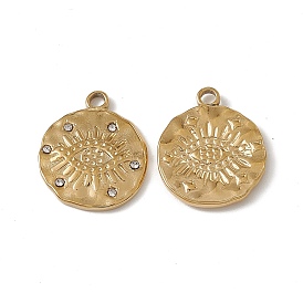 Vacuum Plating 201 Stainless Steel Pendants, Crystal Rhinestone Flat Round with Evil Eye Charms