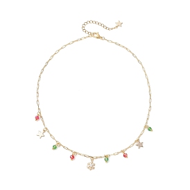 Рождественские латунные подвески-скрепки с прозрачными кубическими цирконами, снежинкой и звездой из нержавеющей стали, круглой стеклянной кисточкой и латунной цепочкой-нагрудником, красный и зеленый