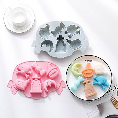 Halloween Food Grade Silicone Molds, Fondant Molds, for DIY Cake Decoration, Chocolate, Candy, Ice Hockey Mold, Candy, Skull, Jack-O-Lantern, Moon, Tombstone, Ghost