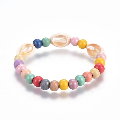 Stretch Bracelets, with Wood Beads and Shell Beads