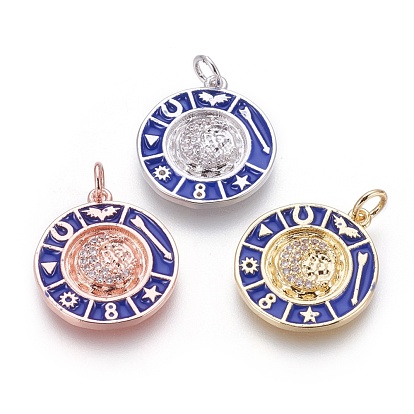 Латунь эмаль подвески, с микро проложить кубического циркония, плоские круглые с луной