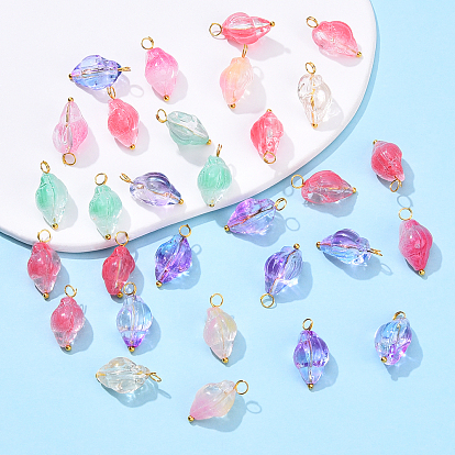 10Pcs Transparent Spray Paint Glass Pendants, Conch Charm, with Brass Loop, Golden