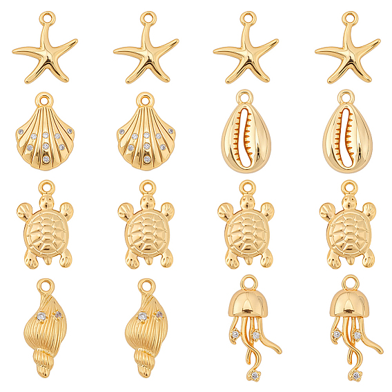 12шт. 6 стили, морская тематика, латунные подвески с микропаве из кубического циркония, долговечный, без никеля , реальный 18 k позолоченный