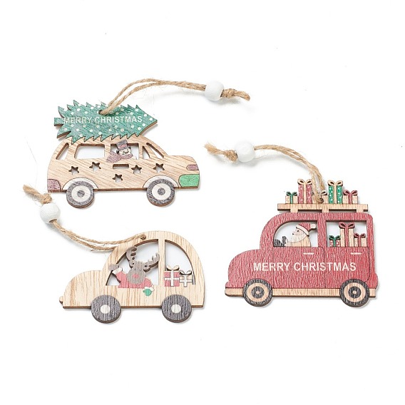 Christmas Themed Natural Wood Pendant Decorations, with Hemp Cord, Car with Snowman/Elk/Santa Claus